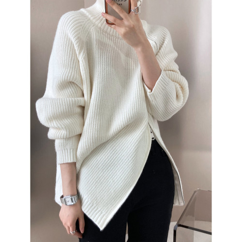 High Collar Zippered Loose Sweater