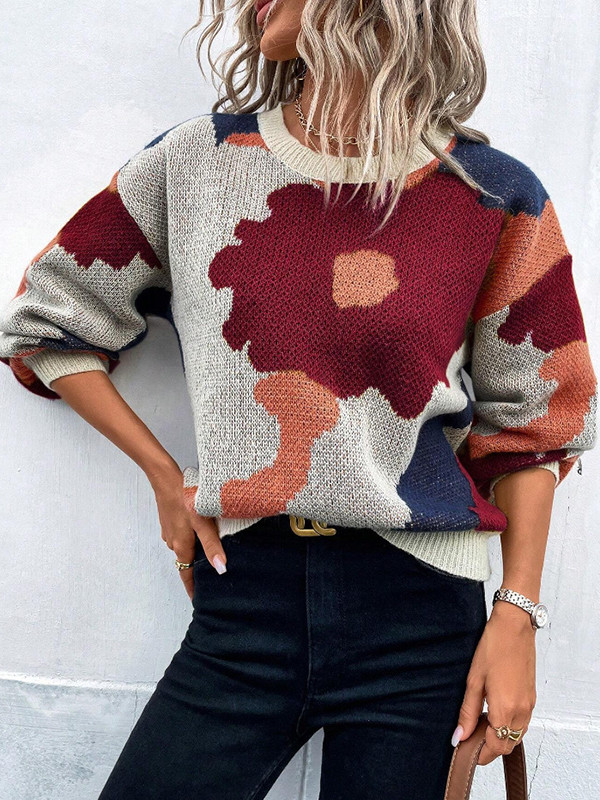 Loose Puff Sleeves Asymmetric Knitted Flower Split-Joint Round-Neck Sweater Tops