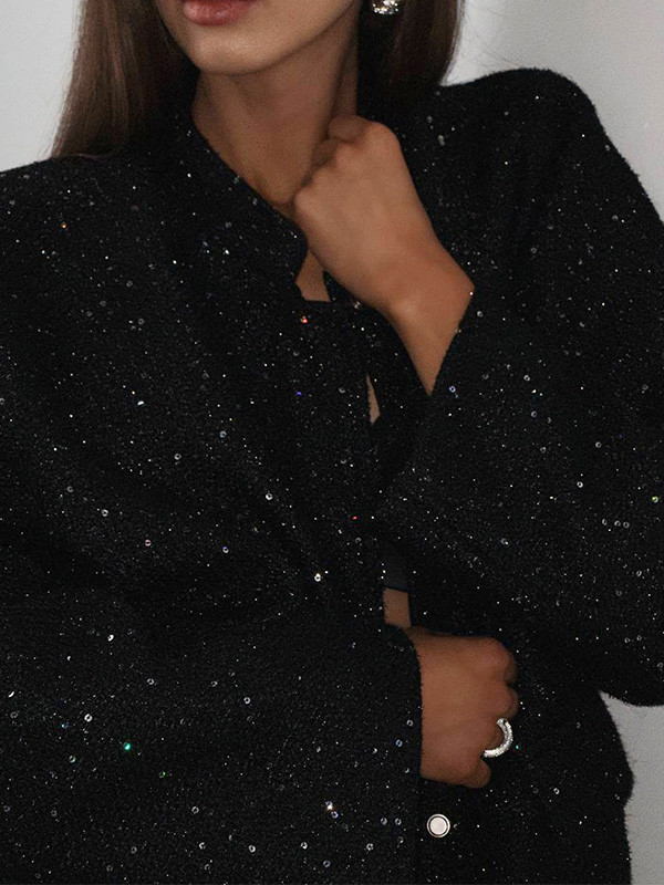 Stylish Sequin Stand Collar Loose Jacket