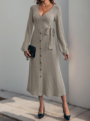 A-Line High Waisted Buttoned Elasticity Solid Color Tied Waist V-Neck Midi Dresses