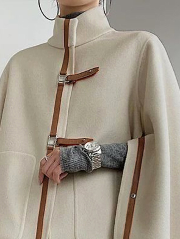 Long Sleeves Loose Buckle High Neck Woolen Outerwear