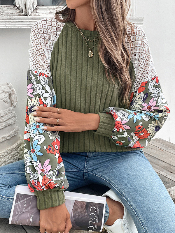 Long Sleeves Loose Contrast Color Flower Print Split-Joint Round-Neck T-Shirts Tops