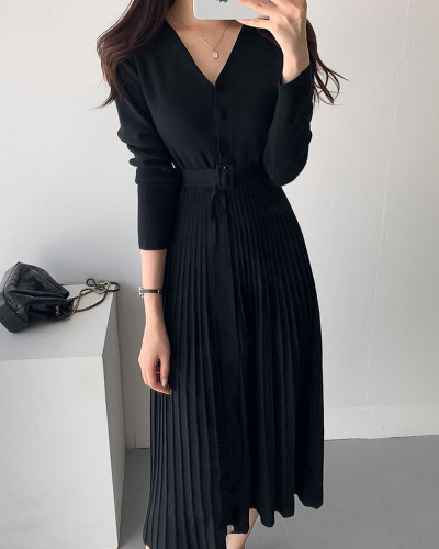 All-match knit tie slimming dress