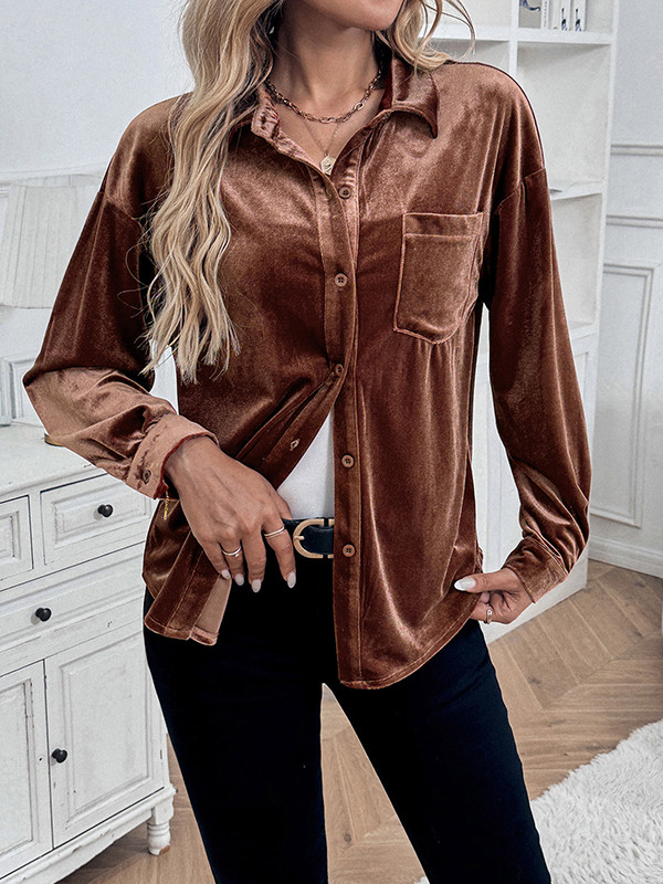 Long Sleeves Loose Buttoned Pockets Solid Color Split-Joint Velvet Lapel Blouses&Shirts Tops