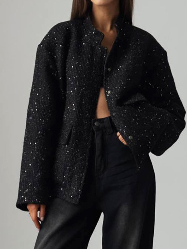 Stylish Sequin Stand Collar Loose Jacket