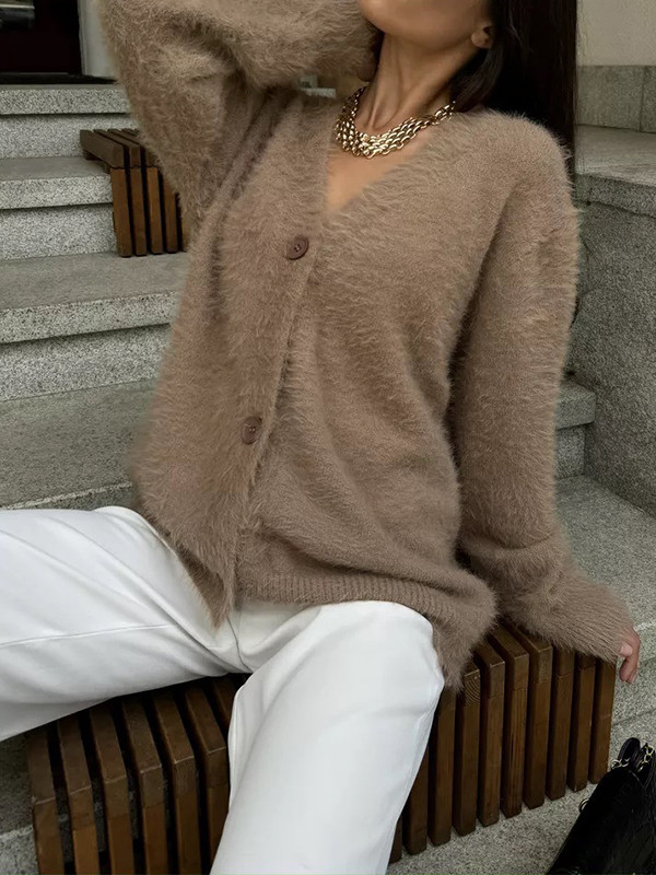 Long Sleeves Loose Buttoned Solid Color V-Neck Cardigan Tops