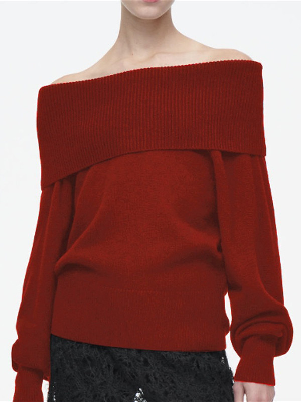 Long Sleeves Loose Solid Color Off-The-Shoulder Sweater Tops