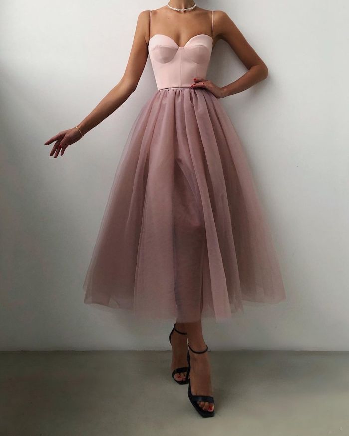 French Vintage solid color mesh dress