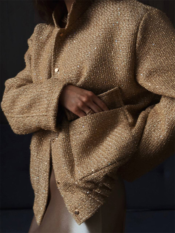 Stylish Sequin Stand Collar Loose Jacket