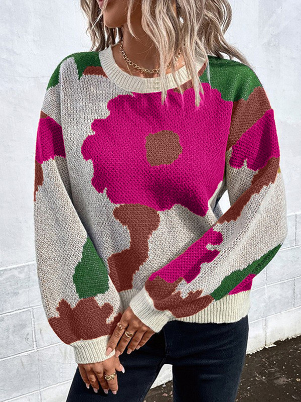 Loose Puff Sleeves Asymmetric Knitted Flower Split-Joint Round-Neck Sweater Tops