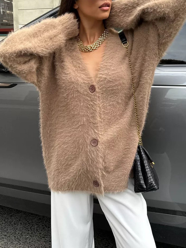 Long Sleeves Loose Buttoned Solid Color V-Neck Cardigan Tops