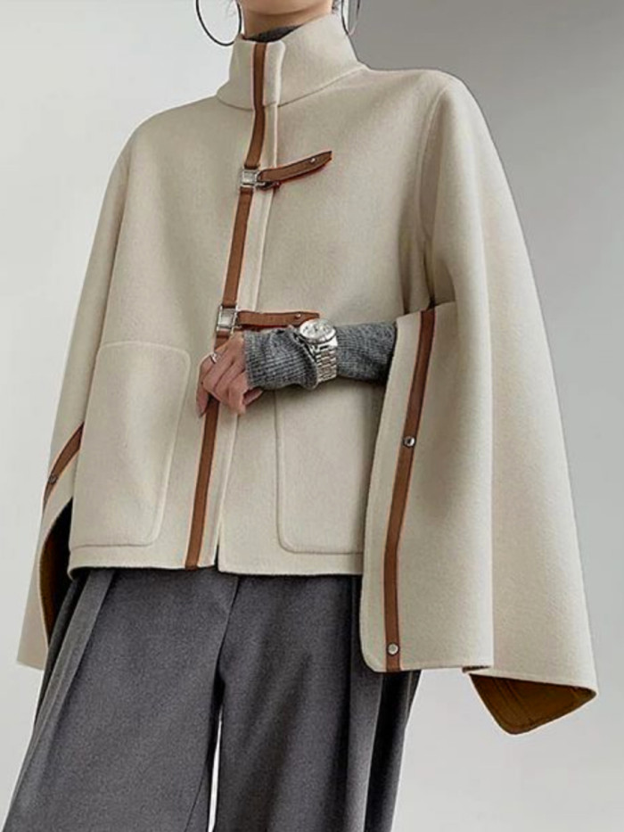 Long Sleeves Loose Buckle High Neck Woolen Outerwear