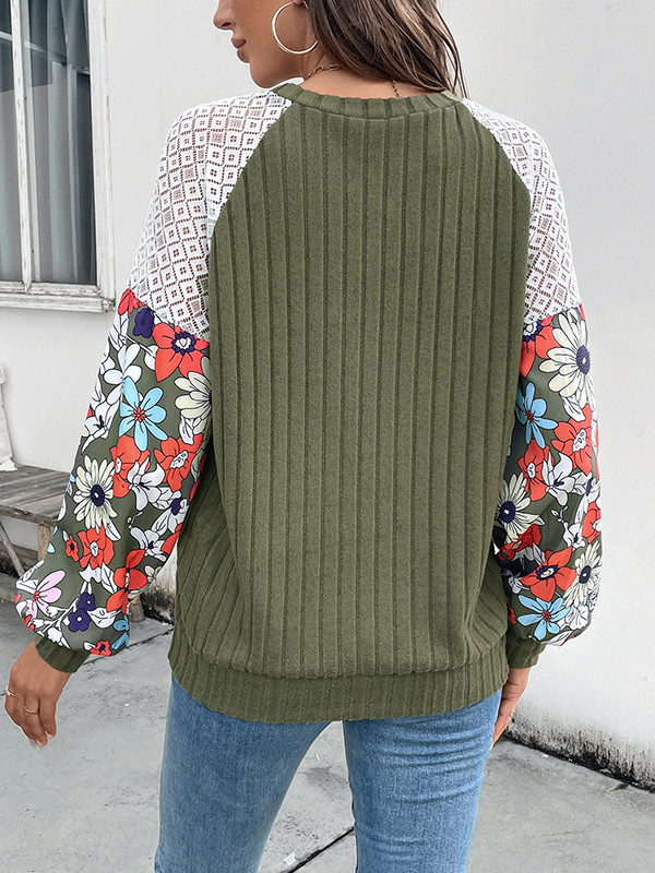 Long Sleeves Loose Contrast Color Flower Print Split-Joint Round-Neck T-Shirts Tops