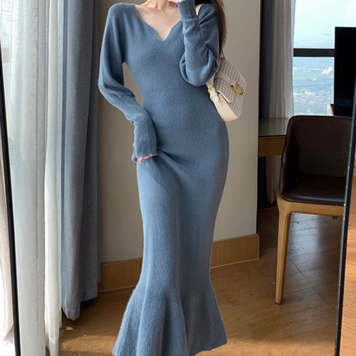 Winter French V-neck Mermaid Knit Dress