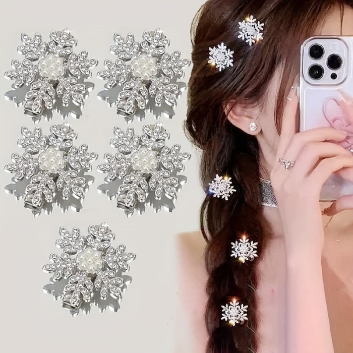 2\u002F5pcs Winter Rhinestone Snowflake Side Clip Hair Pins Christmas New Year Sweet Cute Pearl Barrettes Female Hair Accessories