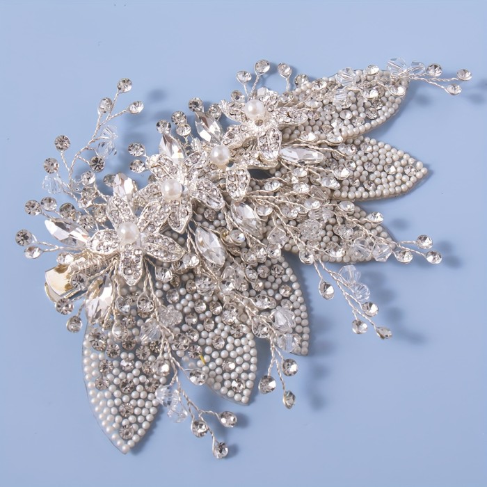 Bridal Hair Clip, Silver Flower Rhinestone Leaf, Handmade Beaded Headband, Fashionable Wedding Hair Accessory For Bride