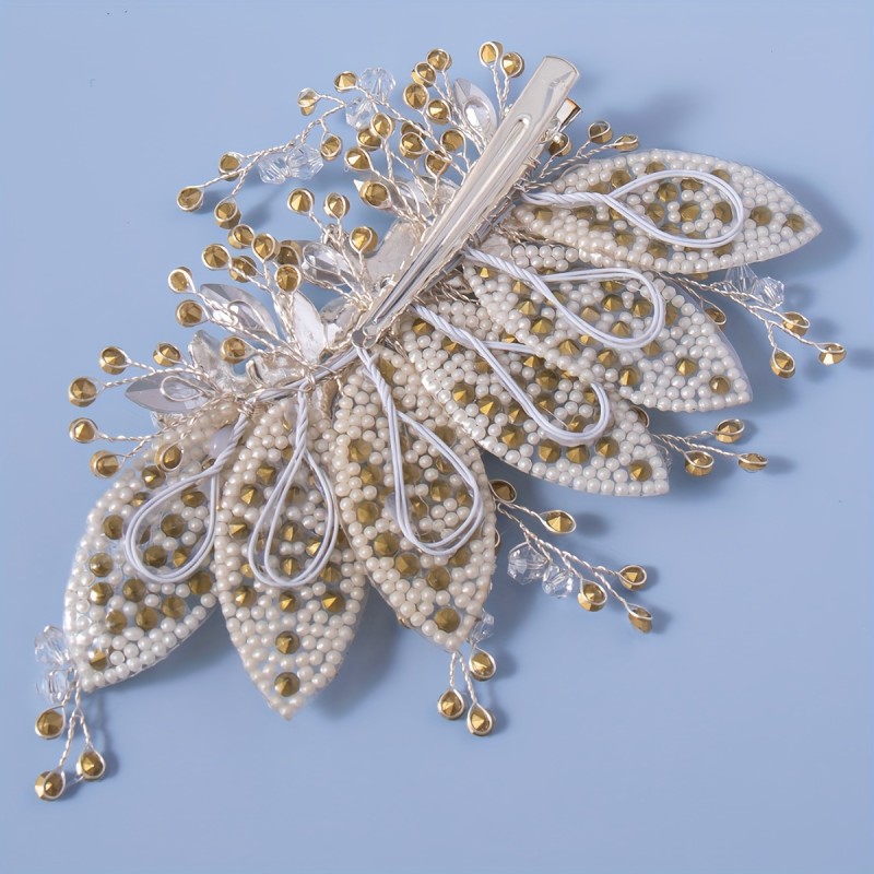 Bridal Hair Clip, Silver Flower Rhinestone Leaf, Handmade Beaded Headband, Fashionable Wedding Hair Accessory For Bride