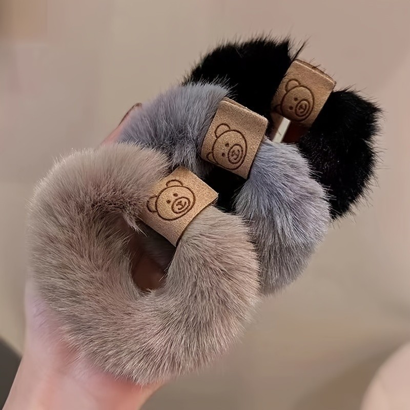 Plush Bear-Themed Hair Tie - Large, High Elasticity & Durable Scrunchie for Women and Girls - Vintage\u002FSimple Style in 3 Colors