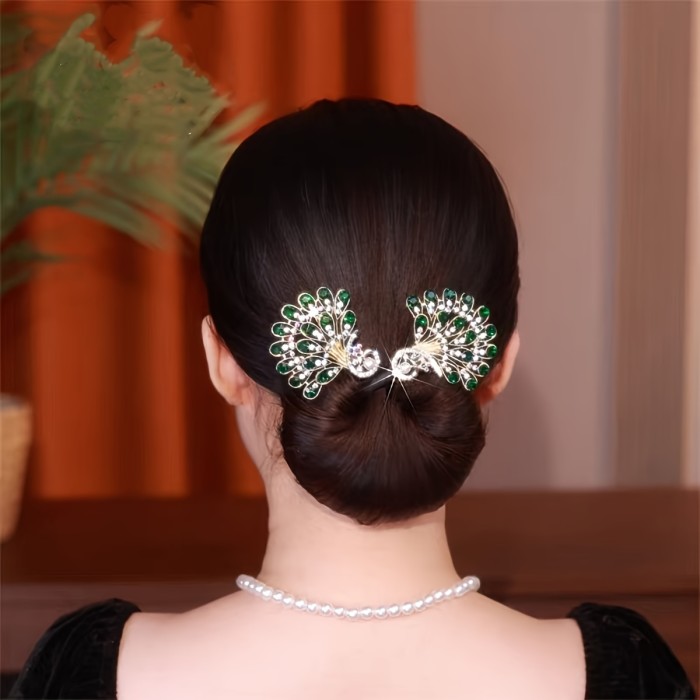 1pc Elegant Peacock Design Hair Bun Maker Chinese Style Ponytail Holder Rhinestone Decor Twist Hair Accessories