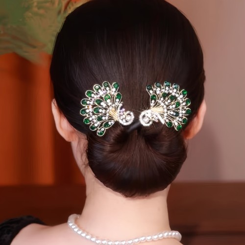 1pc Elegant Peacock Design Hair Bun Maker Chinese Style Ponytail Holder Rhinestone Decor Twist Hair Accessories