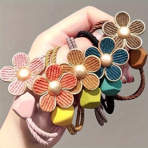 5pcs Cute & Sweet Floral Beaded Hair Ties Set - High Elasticity, No-Damage Ponytail Holders for Women