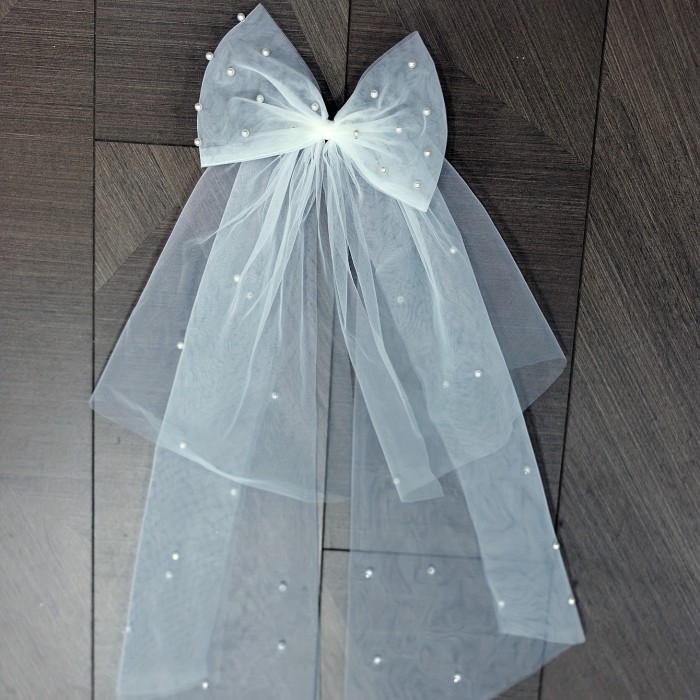 1pc Elegant White Head Veil - Bridal Wedding Veils with Duck Billed Clips, Long Faux Pearl Inlaid Design, Exquisite Wedding Accessory for Brides