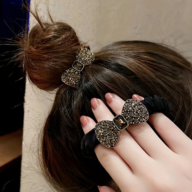 2 Pieces Sparkling Retro Bow Small Rhinestone Hair Ties, Exquisite Hair Accessories for Girls