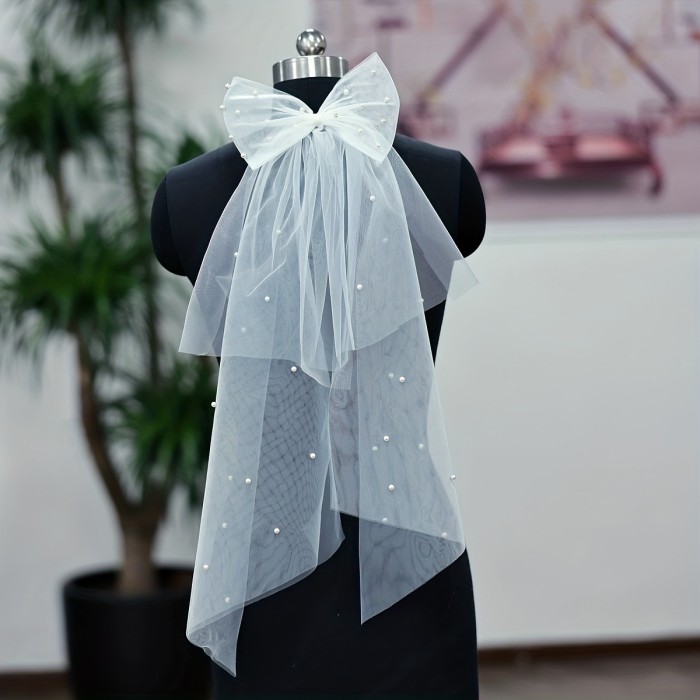 1pc Elegant White Head Veil - Bridal Wedding Veils with Duck Billed Clips, Long Faux Pearl Inlaid Design, Exquisite Wedding Accessory for Brides