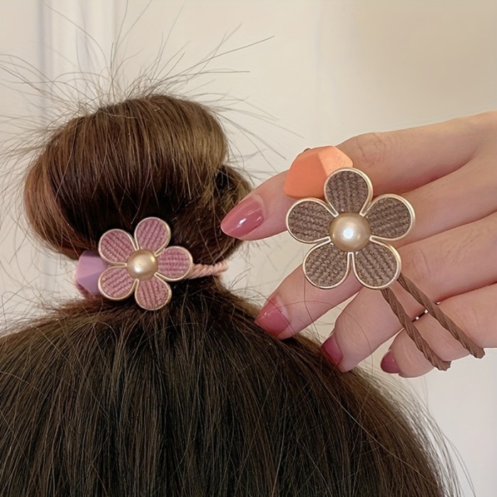 5pcs Cute & Sweet Floral Beaded Hair Ties Set - High Elasticity, No-Damage Ponytail Holders for Women