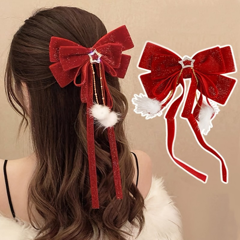 Christmas Festive Red Velvet Bow Hair Clip with Star Charm, Fluffy Pom-Pom Tassels, Bohemian Sweet Style, Plush Bow Tie Shaped Hair Accessory for Women, Single Pack - Suitable for New Year Celebrations and Winter Fashion