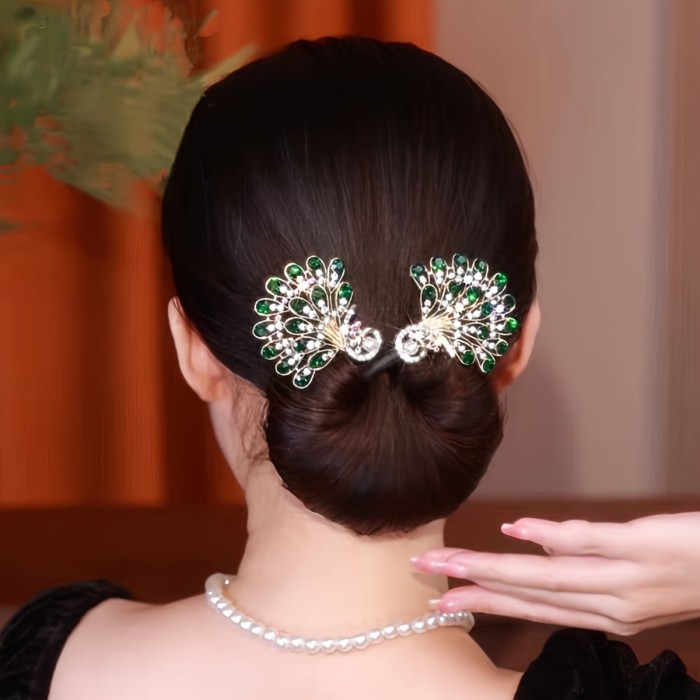 1pc Elegant Peacock Design Hair Bun Maker Chinese Style Ponytail Holder Rhinestone Decor Twist Hair Accessories
