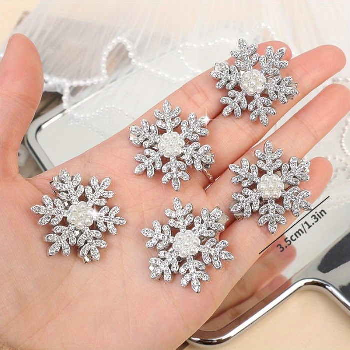 2\u002F5pcs Winter Rhinestone Snowflake Side Clip Hair Pins Christmas New Year Sweet Cute Pearl Barrettes Female Hair Accessories