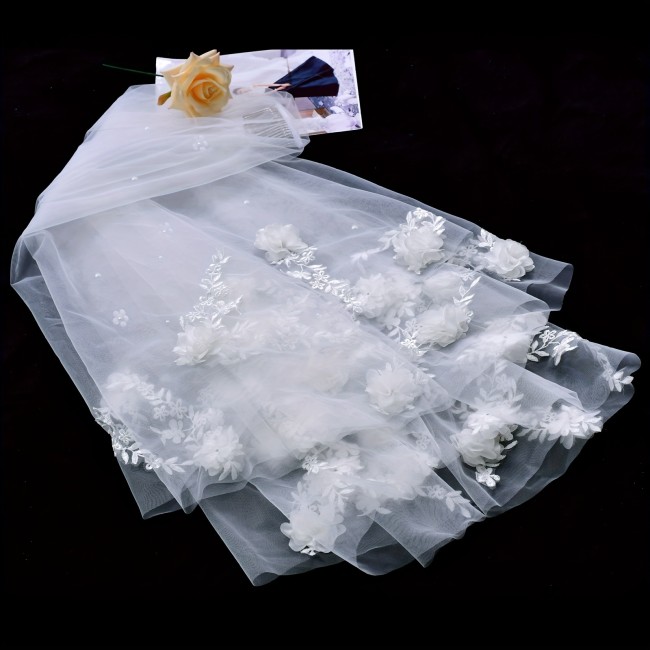Elegant Bridal Veil with Faux Pearl & Floral Edge - Elbow-Length Organza Wedding Accessory, Hand Wash Only