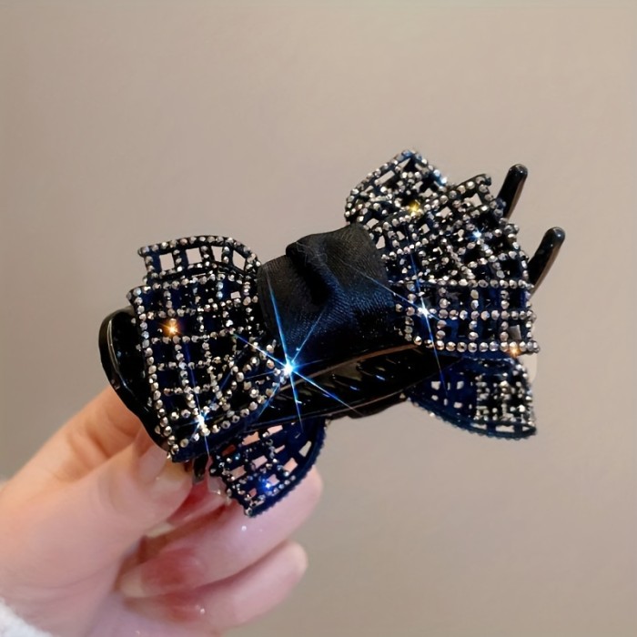 Elegant Rhinestone Bow Hair Claw - Hollow Design, Fabric Ponytail Holder for Women and Girls, Perfect for Everyday Glam