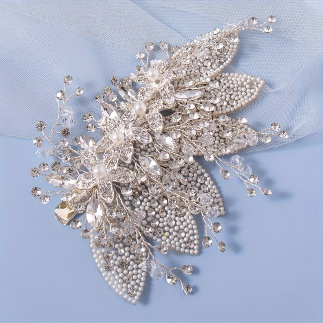Bridal Hair Clip, Silver Flower Rhinestone Leaf, Handmade Beaded Headband, Fashionable Wedding Hair Accessory For Bride
