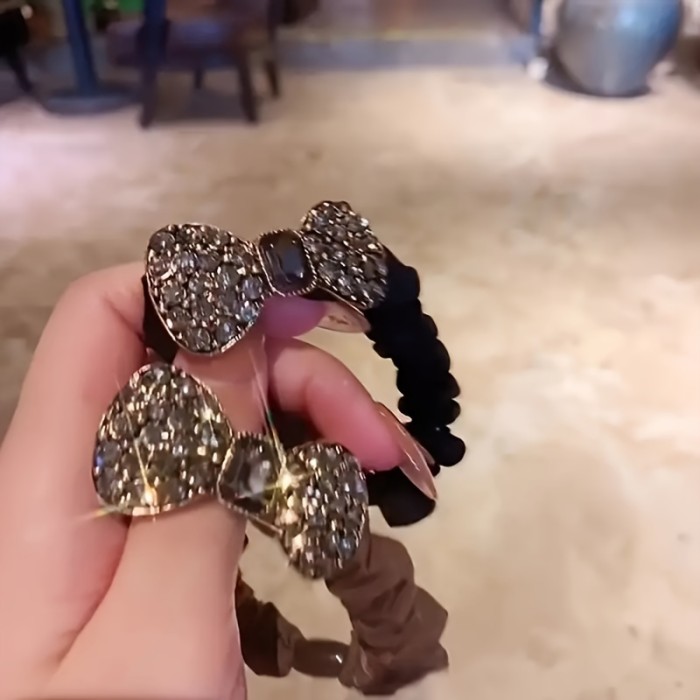 2 Pieces Sparkling Retro Bow Small Rhinestone Hair Ties, Exquisite Hair Accessories for Girls