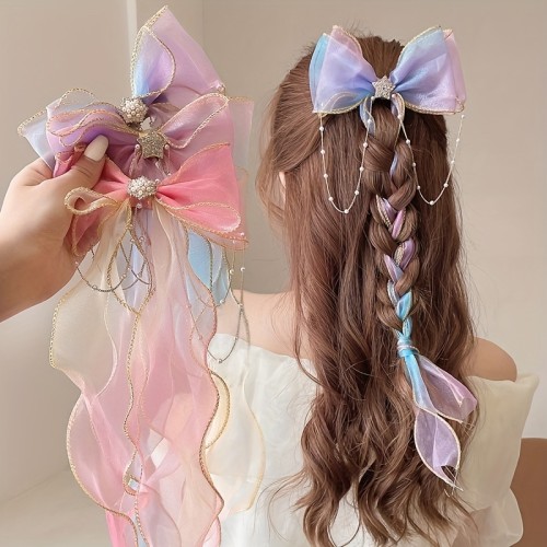 Elegant Creative Trendy Mesh Gradient Bow Tassel Hair Clips Decorative Hair Accessories For Holiday Party Girls Accessories, Ideal choice for Gifts