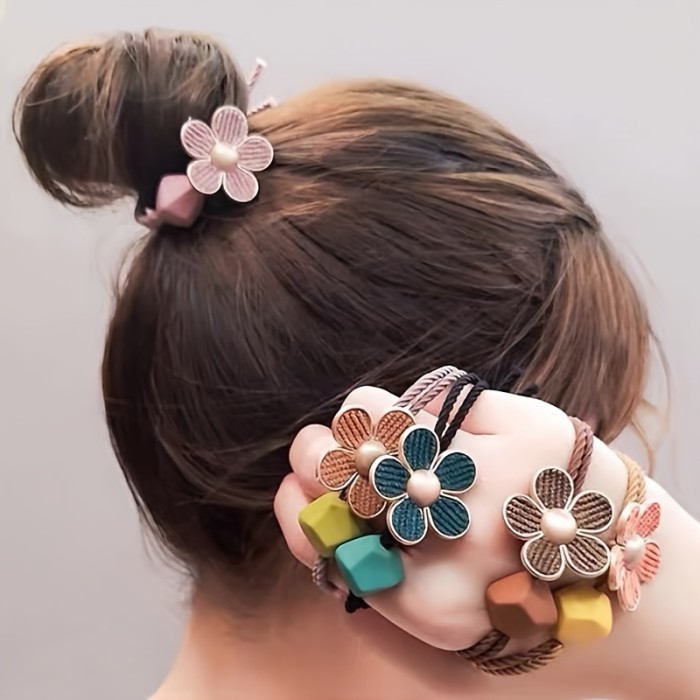 5pcs Cute & Sweet Floral Beaded Hair Ties Set - High Elasticity, No-Damage Ponytail Holders for Women