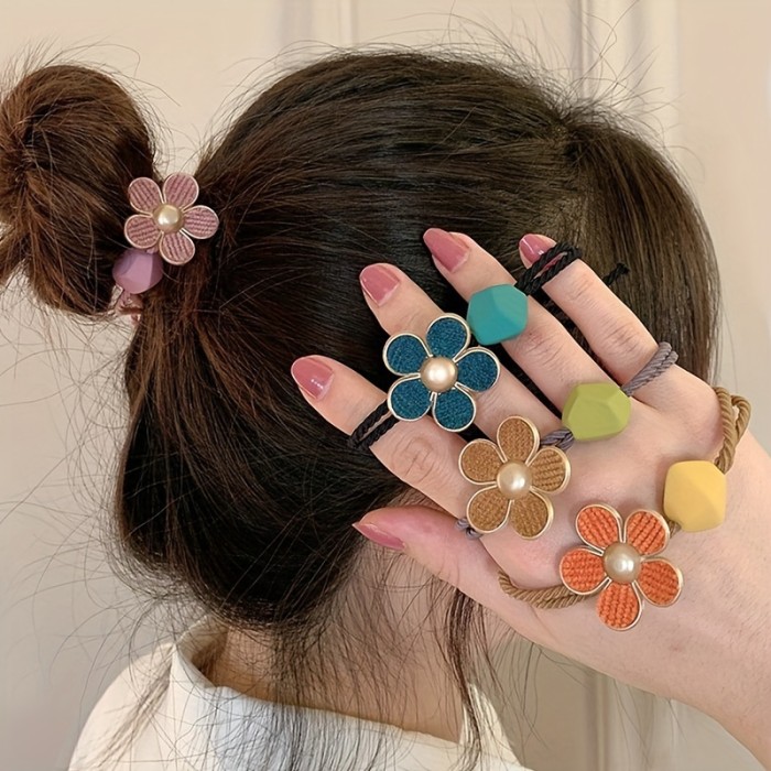 5pcs Cute & Sweet Floral Beaded Hair Ties Set - High Elasticity, No-Damage Ponytail Holders for Women