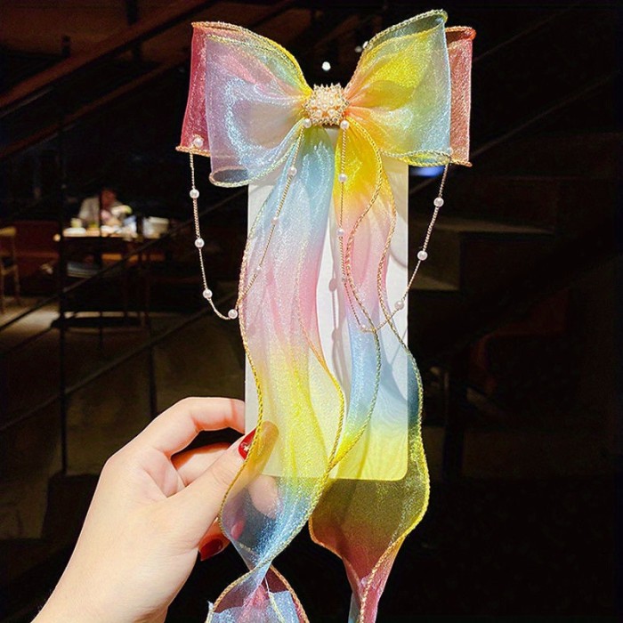 Elegant Creative Trendy Mesh Gradient Bow Tassel Hair Clips Decorative Hair Accessories For Holiday Party Girls Accessories, Ideal choice for Gifts