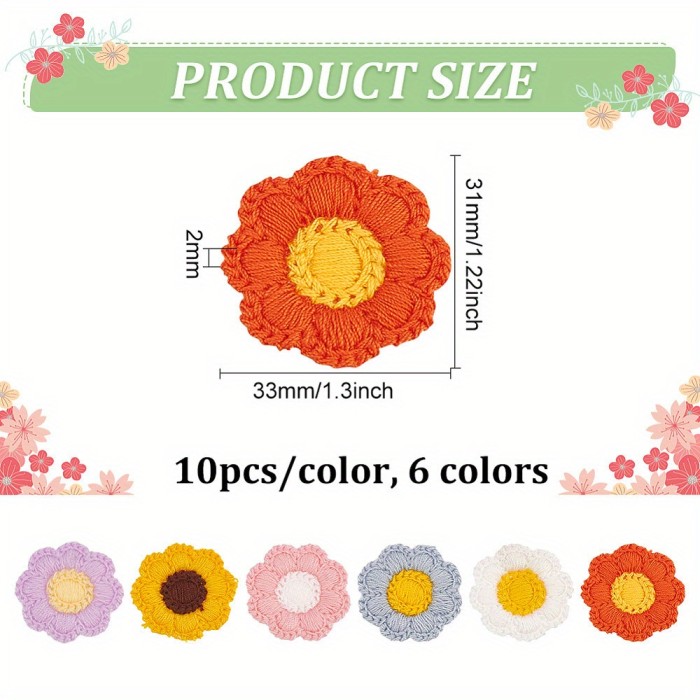 60pcs MAGICALCUTDIE Two Tone Flower Appliques - Polyester Knitted Craft Embellishments for DIY Jewelry Making and Hair Accessories