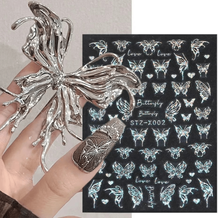 5D Embossed Aurora Butterfly Nail Art Transfer Stickers,Self Adhesive Black Flower Nail Art Decals For DIY Or Nail Salon,Nail Art Supplies For Women And Girls