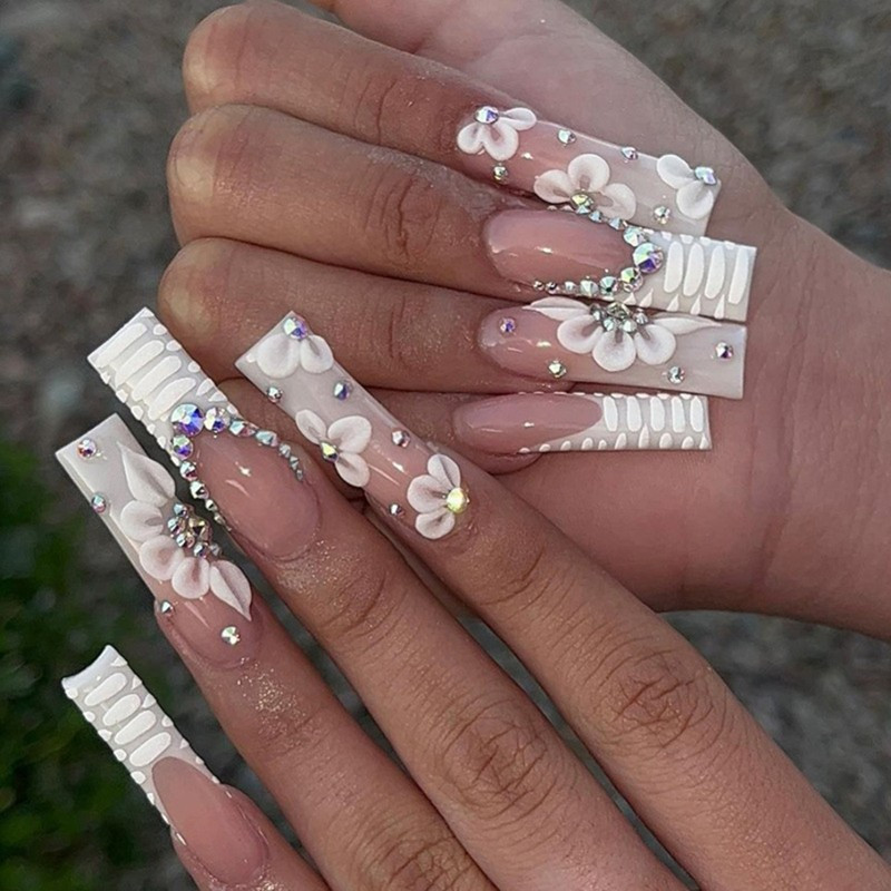 Extra Long Square Press-On Nails with Floral and Animal Accents - Glossy Fake Nails with Rhinestones, Full Cover Acrylic Nails, Glue-On Fashion Nail Set for Women, 24pcs