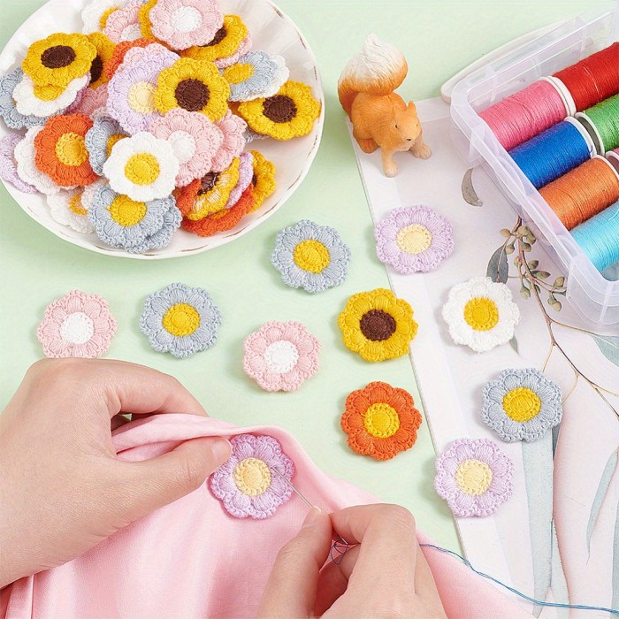 60pcs MAGICALCUTDIE Two Tone Flower Appliques - Polyester Knitted Craft Embellishments for DIY Jewelry Making and Hair Accessories