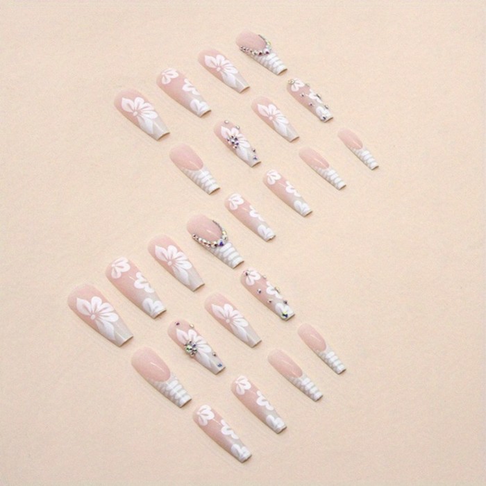 Extra Long Square Press-On Nails with Floral and Animal Accents - Glossy Fake Nails with Rhinestones, Full Cover Acrylic Nails, Glue-On Fashion Nail Set for Women, 24pcs