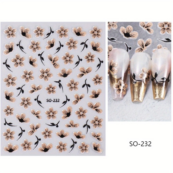 Sparkling Brown Floral Nail Art Stickers - Self-Adhesive, Glossy Finish Decals for Hands & Feet Care