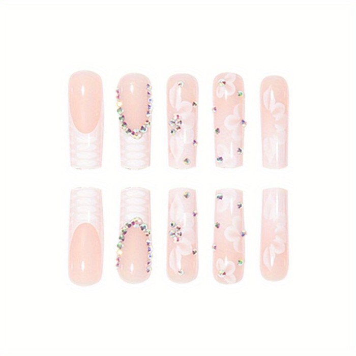 Extra Long Square Press-On Nails with Floral and Animal Accents - Glossy Fake Nails with Rhinestones, Full Cover Acrylic Nails, Glue-On Fashion Nail Set for Women, 24pcs