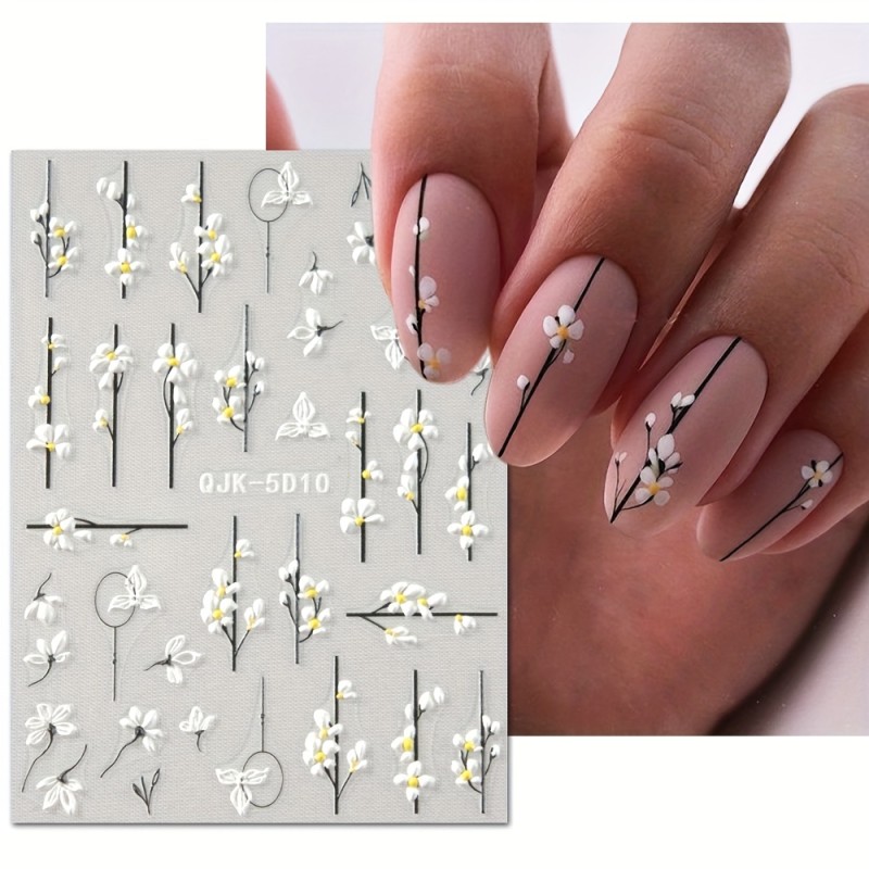 5D Embossed Nail Art Sticker Summer Nail Decals With Pink Blue Five-Petal Flower, Daisy, Lily Flower Design For Acrylic Nails Easter