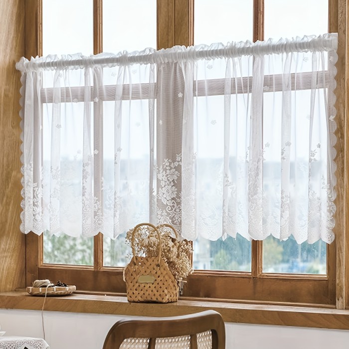 1pc American Pastoral Chic Lace Curtain - Simple Woven Small Floral Pattern, Elegant Window Valance for Living Room, Bedroom, Kitchen Partition Decoration, Home Decor Accent