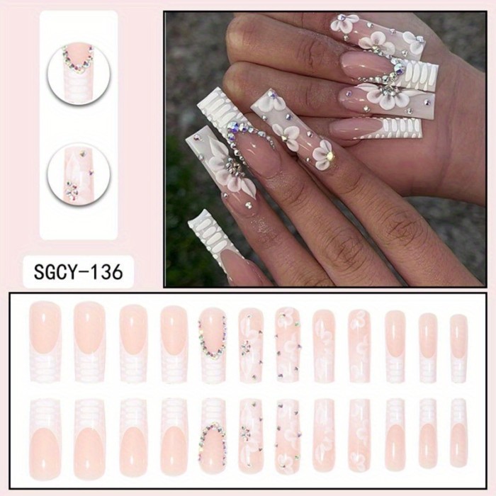 Extra Long Square Press-On Nails with Floral and Animal Accents - Glossy Fake Nails with Rhinestones, Full Cover Acrylic Nails, Glue-On Fashion Nail Set for Women, 24pcs
